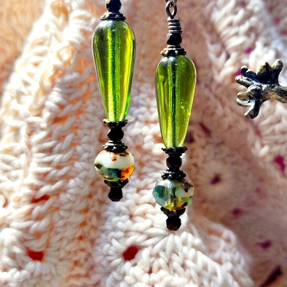Boho Moss Green handcrafted drop Earrings - Picture 2 of 11